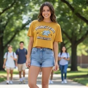 Disney Pixar Monsters Crop Top Junior‎ XL T-Shirt Mustard Yellow Monsters Inc